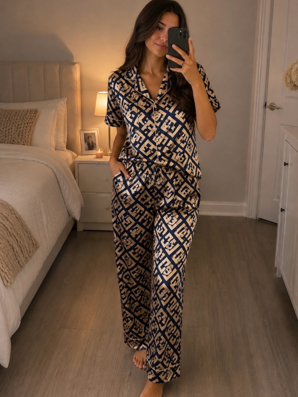 Silky Geometric Print Pajama Pants - Navy & Gold